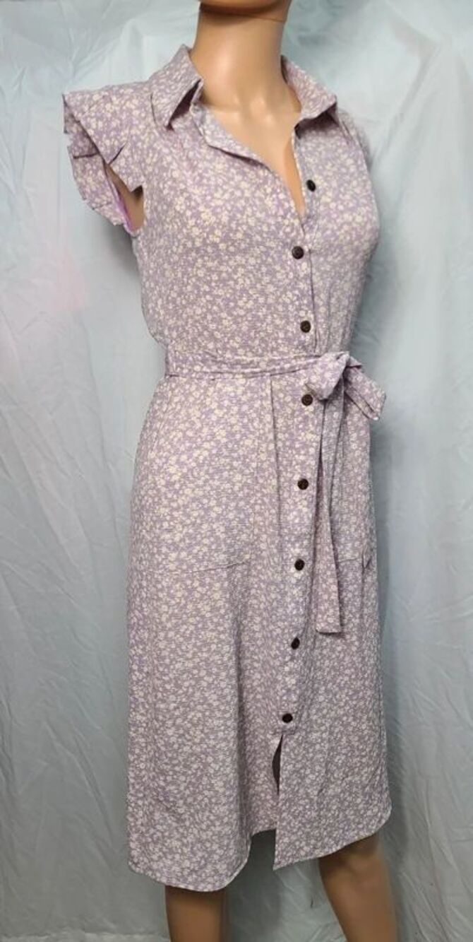 NWT Monteau LA Small Lilac Floral Short Sleeve Midi Shirt Dress Pockets elastic